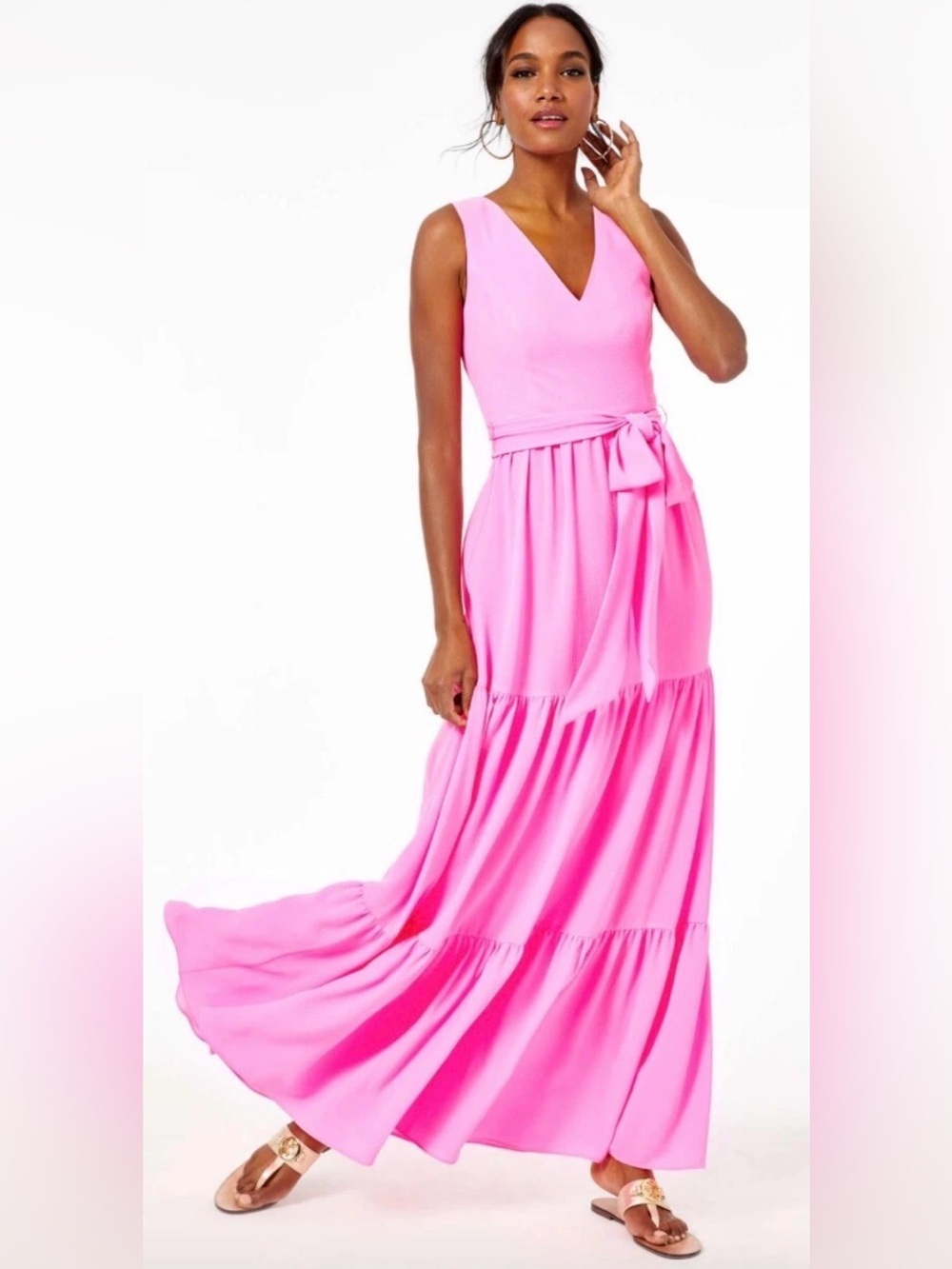 Lilly Pulitzer Maurine Maxi Dress Prosecco Pink NWT Size 10 Tiered Tie Waist